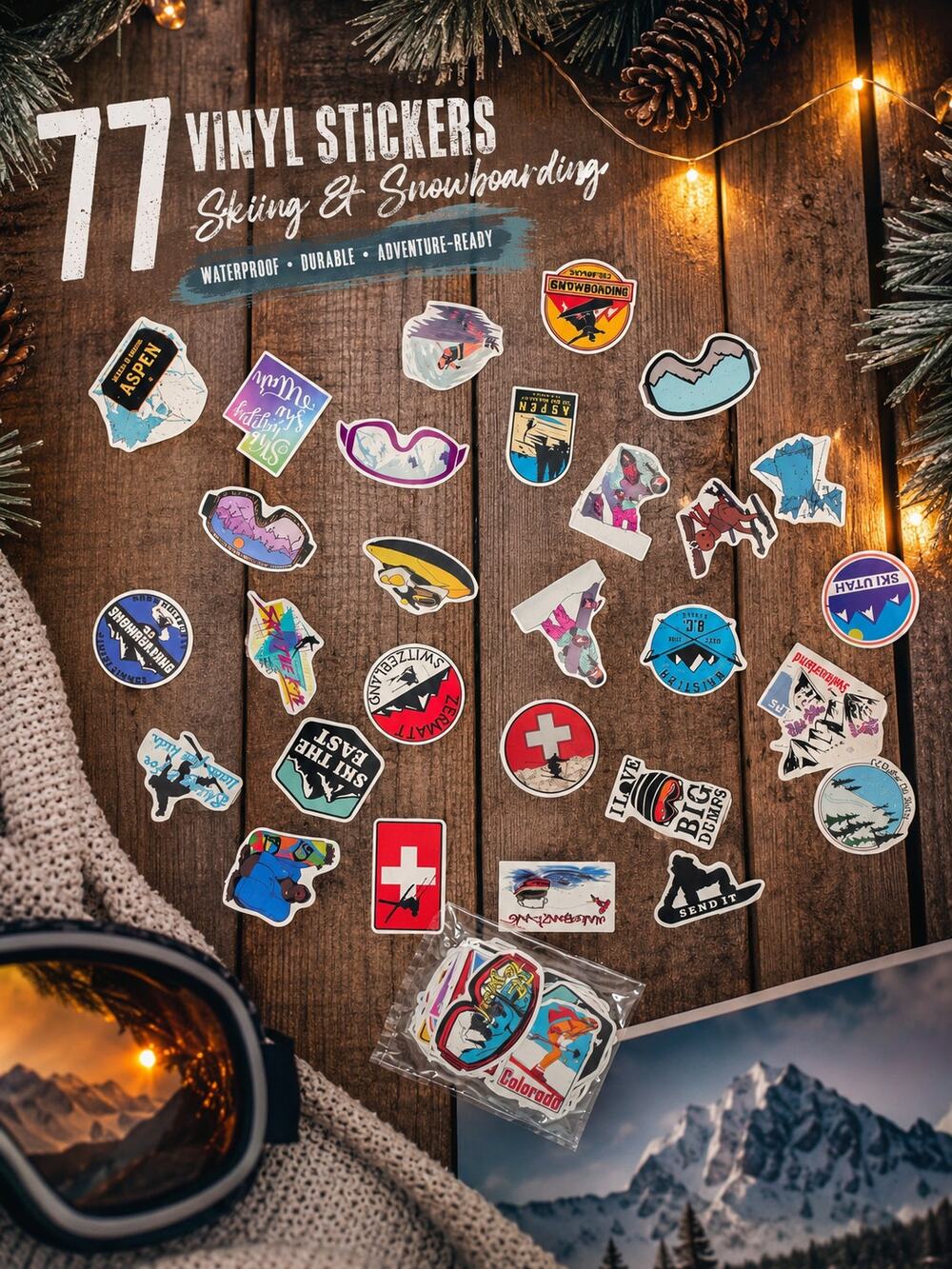 77 Skiing & Snowboarding Vinyl Sticker Pack Waterproof Laptop Water Bottle